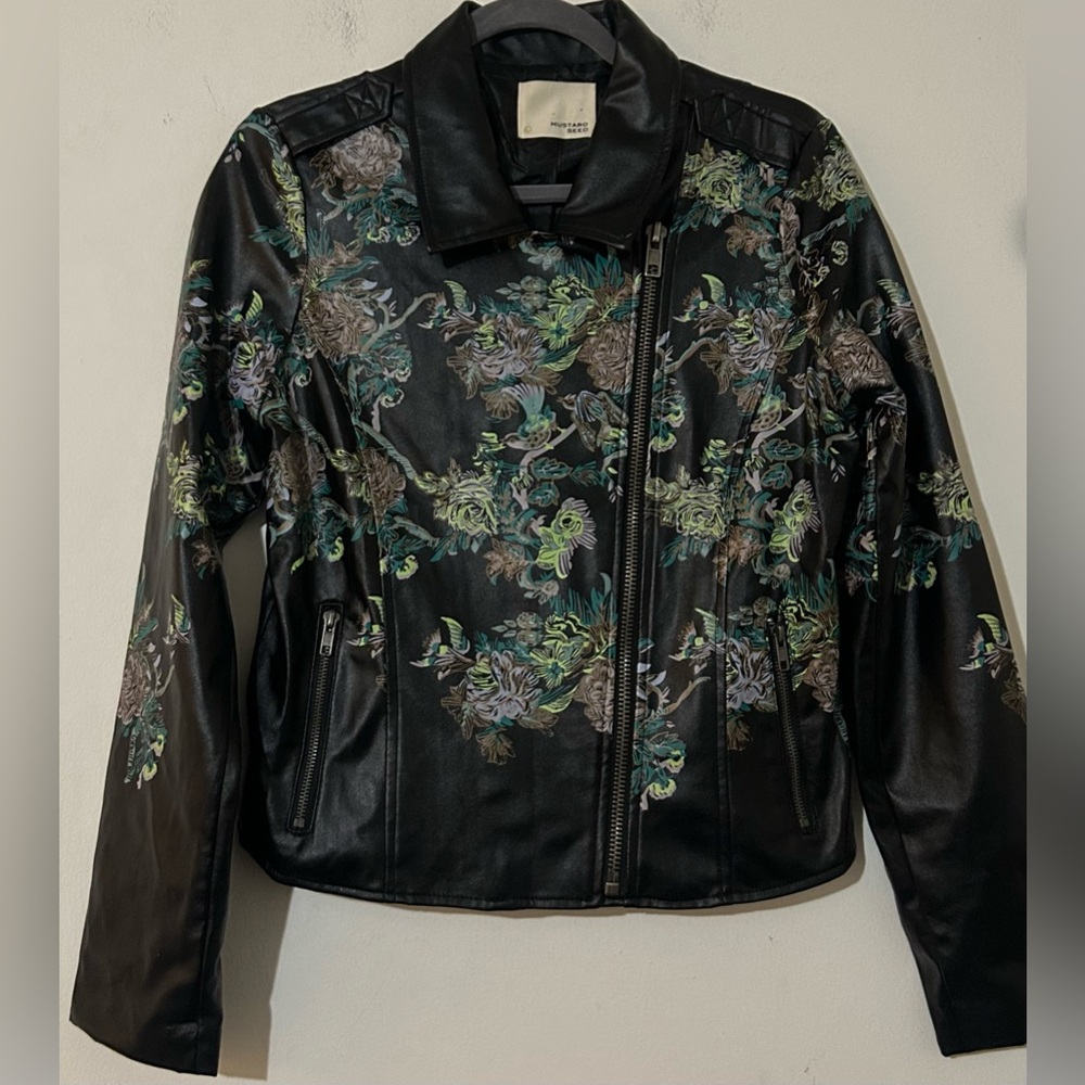 Mustard Seed Black Floral Leather Jacket